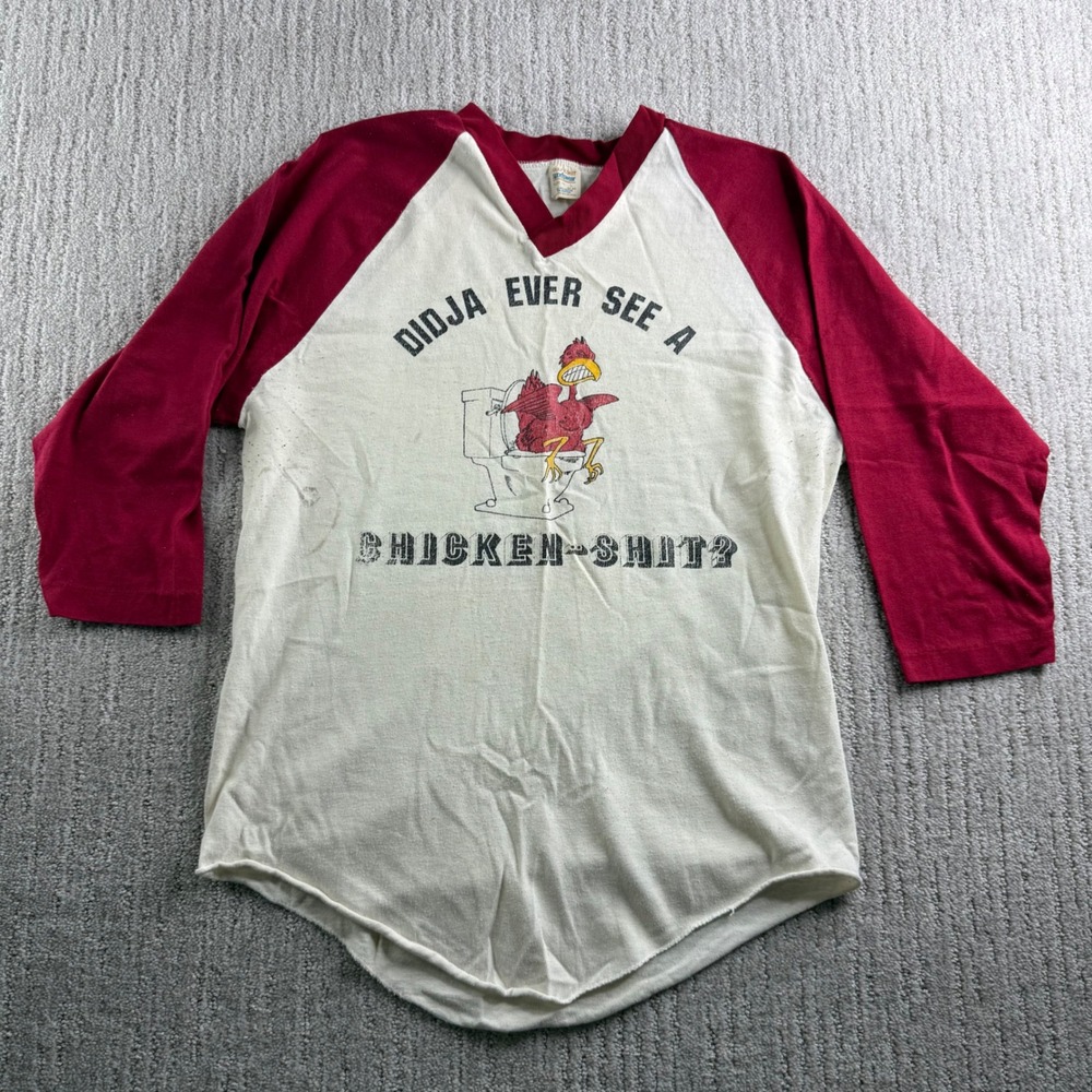 Vintage 80s Parody Raglan Baseball T-Shirt Mens Size L White Red
